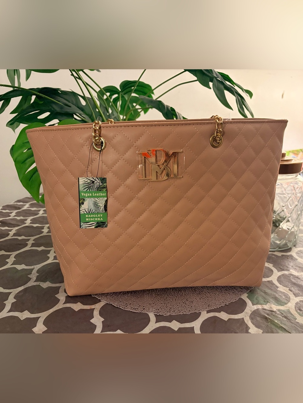 Badgley Mischka Quilted Vegan Leather Tote in Blush Pink with Gold Hardware - NW